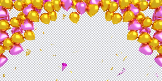 3d golden and pink balloons floating with confetti isolated for happy birthday mockup background