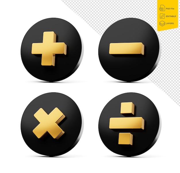 3d golden plus minus multiply and divide symbol on rounded black icons 3d illustration