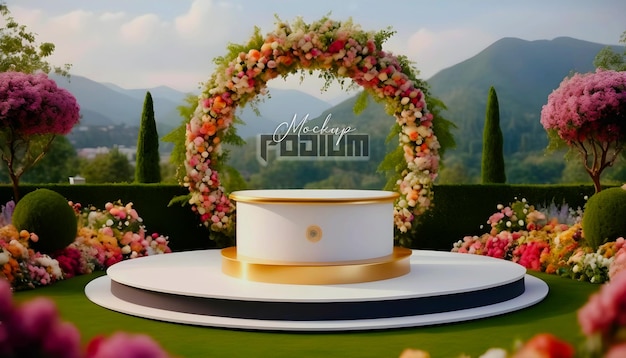 PSD Мокет золотого подиума в природе для демонстрации продукта или декорации свадебной церемонии с цветами