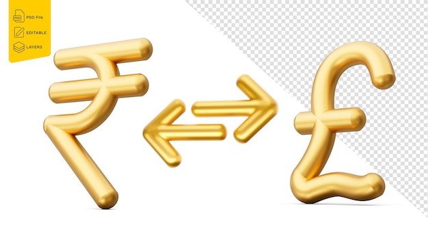 PSD 3d golden rupee and pound symbol icon with money exchange arrows on white background 3d illustration