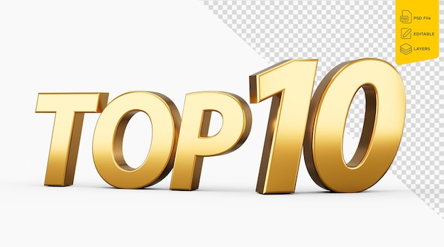 3d golden shiny top 10 text top ten 3d text isolated on white background 3d illustration