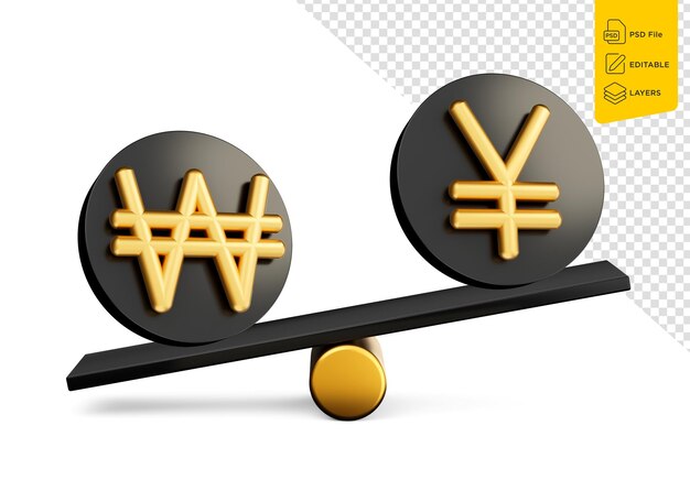 Simbolo di 3d golden won e yen su icone nere arrotondate con 3d balance weight seesaw 3d illustrazione