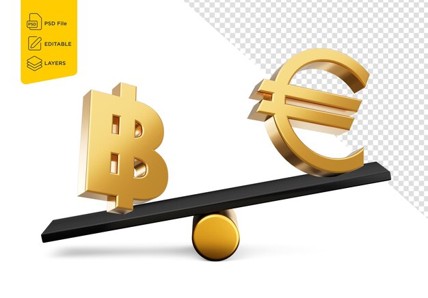 PSD 3d gouden baht en euro symbool iconen met 3d zwarte balans gewichts zwaai 3d illustratie