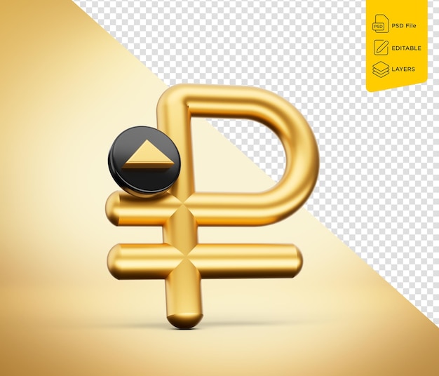 3d Gouden glanzende Russische roebel symbool met 3d verhoging pictogram op geïsoleerde achtergrond 3d illustratie