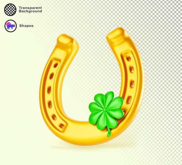 3d gouden hoefijzer met klaverblad cartoon rendering icoon Saint Patrick's Day geluk symbool Gouden metaal glanzende schoen met groene vier gelukkige shamrock bladeren Ierse geïsoleerde ontwerp element