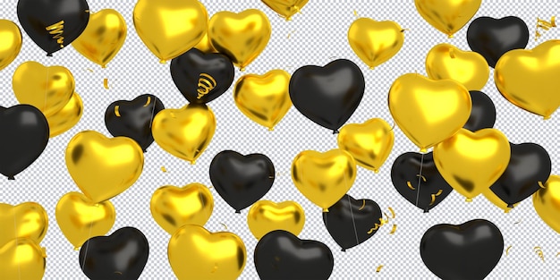 3d gouden zwarte ballonnen confetti drijvend die geïsoleerd voor gelukkige verjaardag achtergrond mockup