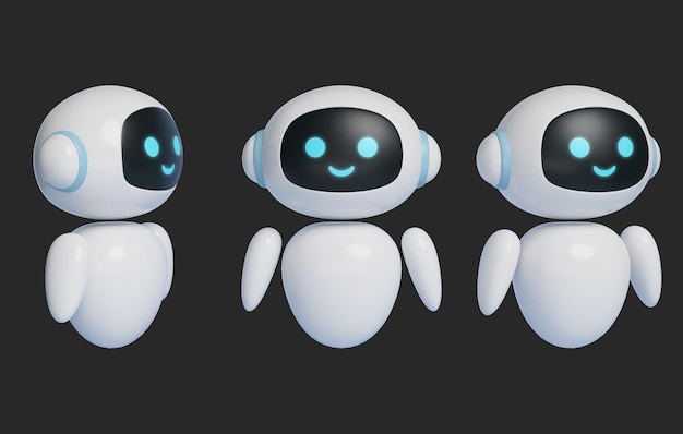 3D-grafikk av AI-robot karakter som står stramt med et smilende ansikt