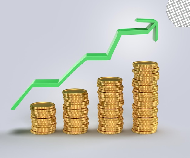 PSD grafico 3d su freccia su pile di monete successo finanziario e concetto di crescita monete d'oro denaro