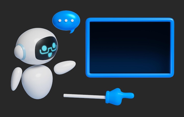 PSD 3d graphic of ai robot character lecturing in front of a blackboard