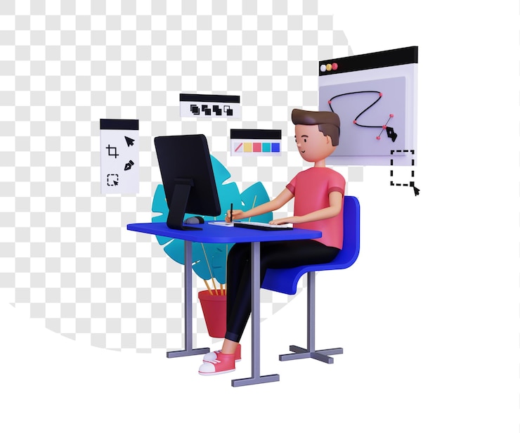 PSD 3d graphic designer with a male character using a computer