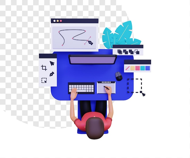 3d graphic designer with a male character using a computer