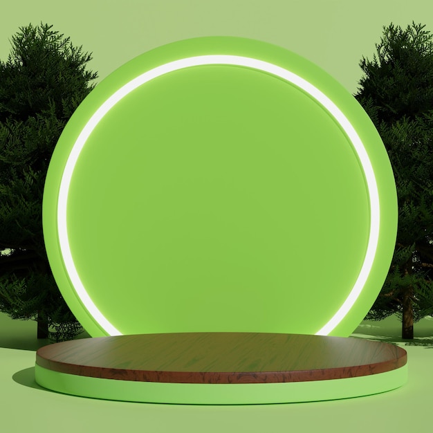 PSD 3d green cylinder wooden minimal podium with circle backdrop and tree for mockup and product display