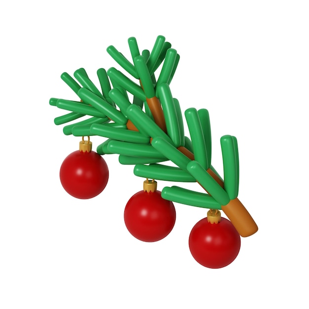 PSD 3d green lush spruce winter branch with red merry christmas toys render abstract evergreen tree fir