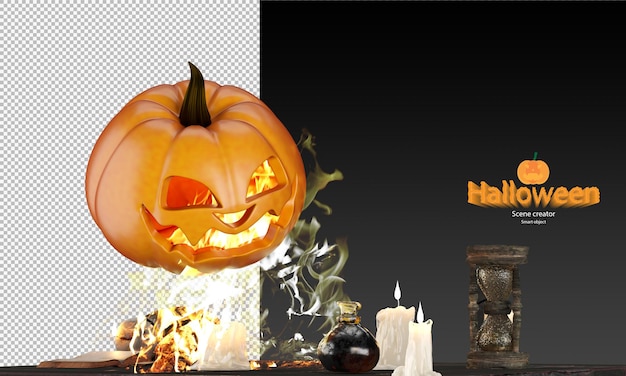 3d griezelige halloween-pompoen en prop in brand toverdrankflessen smeltende kaarsen zandloper