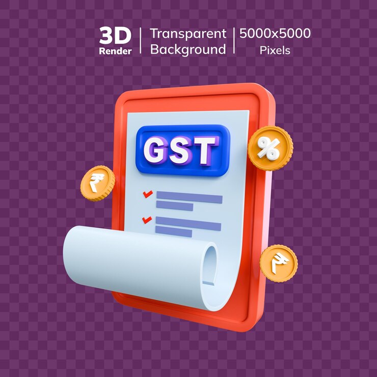 PSD 3d gst bill icon with indian rupee and percentage coins tax invoice document illustration