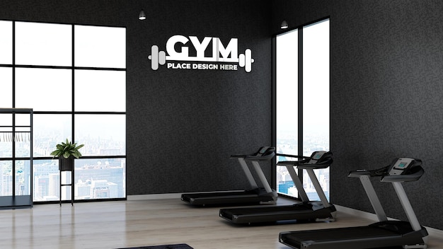 3d gym logo mockup in the fitness area with the black wall for athlete