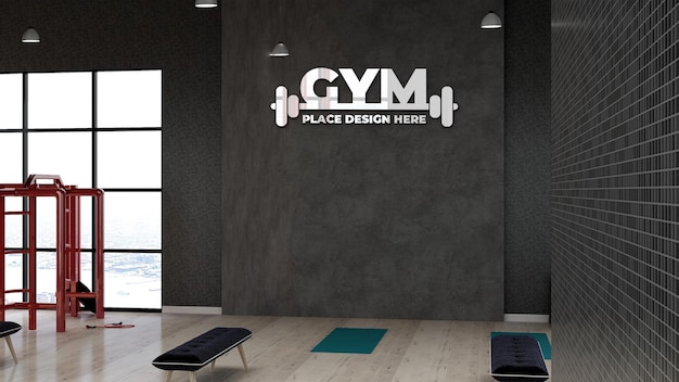 3d gym-logomodel in de fitnessruimte voor atleettraining met stenen zwarte muur