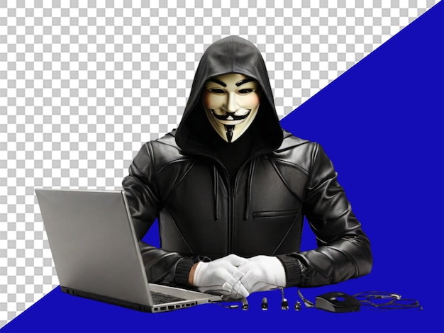 PSD 3d 해커 익명의 익명의 해커 남자가 투명한 배경에서 보안 해킹