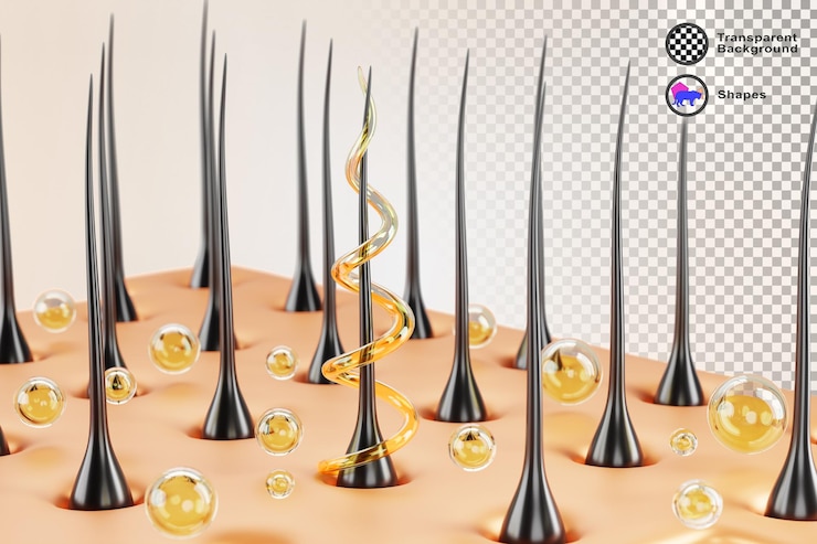 PSD 3d hair care scalp with follicles golden spiral swirl and oil drops keratin repair nourish and treatment yellow liquid droplets of cosmetic product serum or shampoo render banner