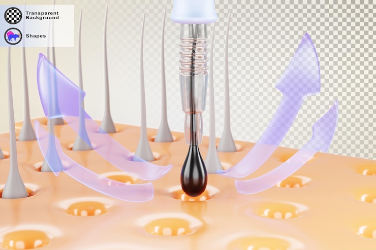 PSD 3d hair transplant procedure banner follicular unit extraction scalp with follicle graft removal punch and infographic arrows hair restoration surgery baldness treatment concept