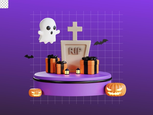 Illustrazione dell'icona di halloween 3d con jack fantasma sul podio e confezione regalo