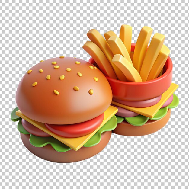 PSD 3d hamburguesas con papas przezroczyste tło