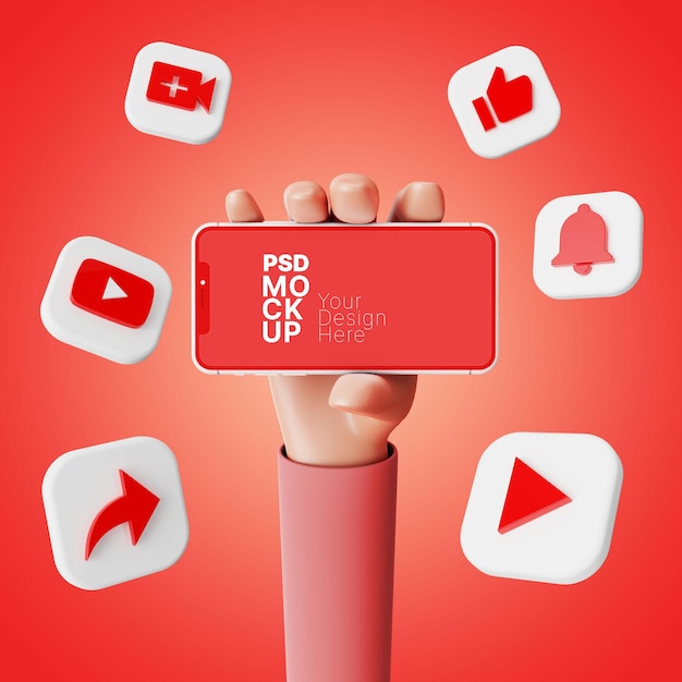 PSD 3d hand cartoon holding landscape smartphone with youtube icon