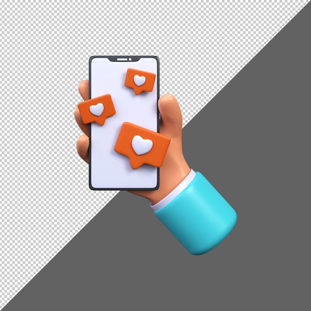 3d hand die mobiele slimme telefoon met gelijkaardige meldingspictogrammen houden Sociaal media concept