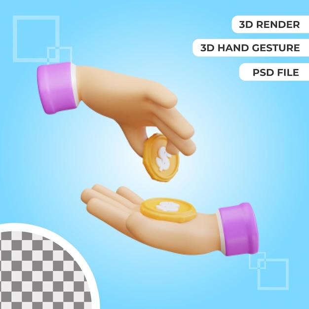 PSD 3d hand gesture with dollar coins illustration rendering isolated