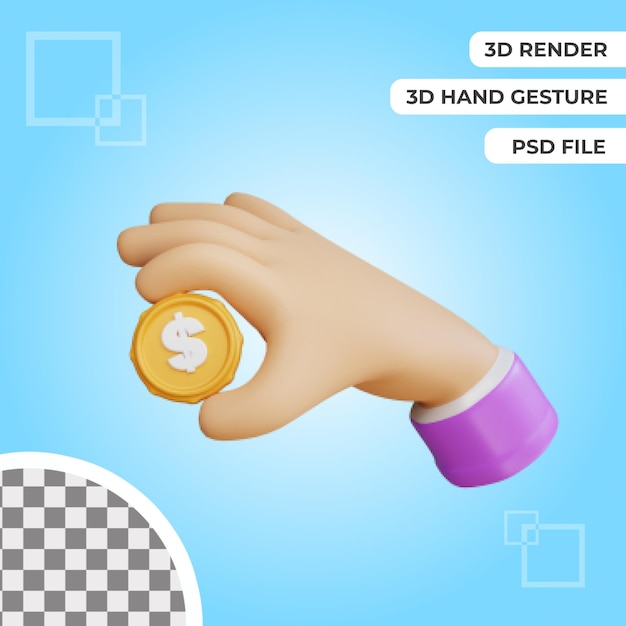 3d hand gesture with dollar coins illustration rendering isolated