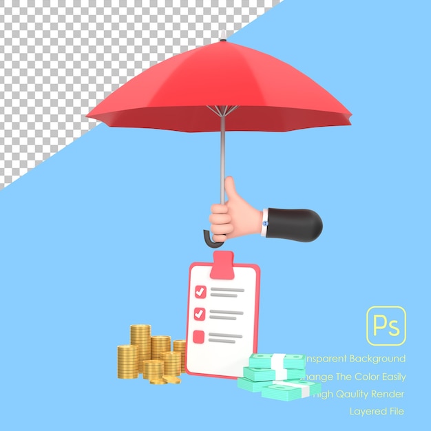 PSD 3d hand hold red umbrella piles of golden coins and banknotes