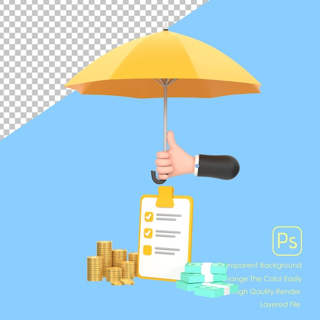 PSD ombrello giallo da tenere in mano 3d mucchi di monete e banconote dorate