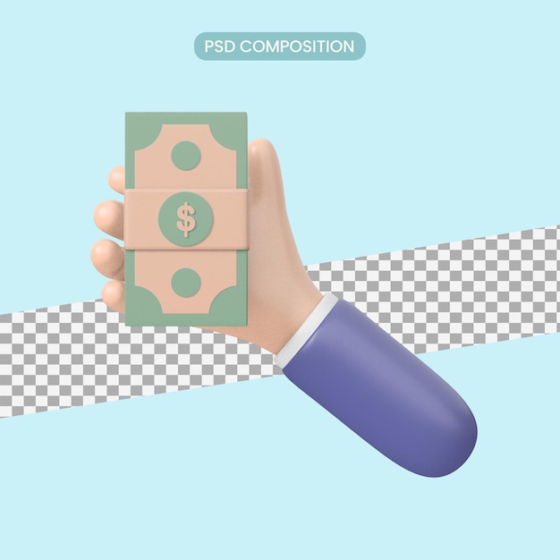 PSD 3d hand holding a banknote on a blue background,