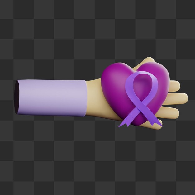 3d hand holding heart and purple ribbon for dementia awareness illustration