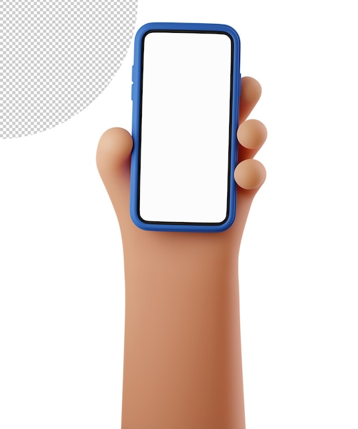 빈 화면으로 휴대 전화를 들고 3D 손 만화 블루 스마트폰 전화 장치 이랑 템플릿