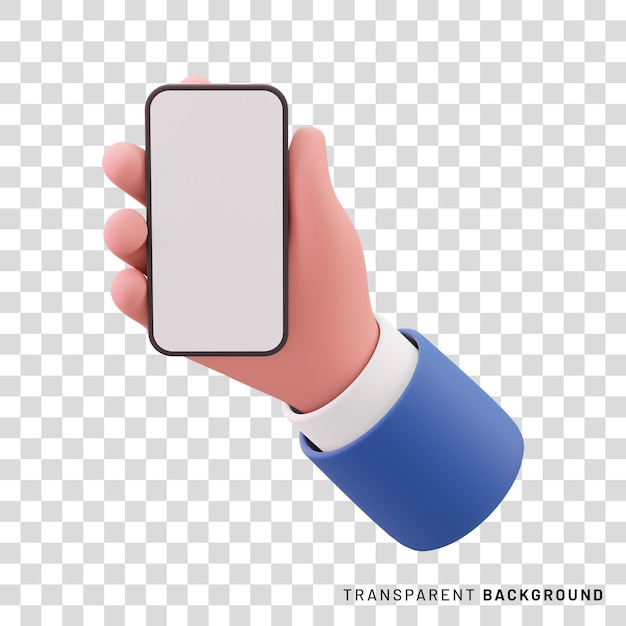 3D Hand holding mobile phone with empty screen for promotion and text