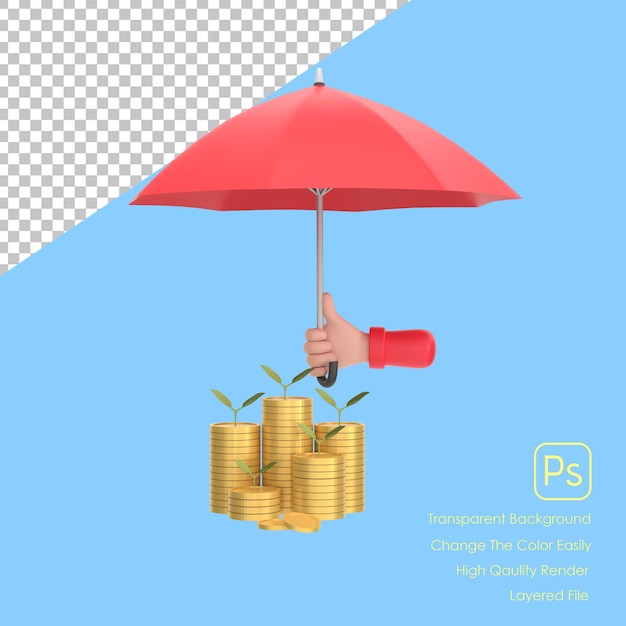 3D hand holding red umbrella over pile of coins Close up of stack of coins