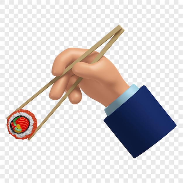 PSD 3d mano che tiene un rotolo di sushi con bastoncini di bambù la cucina giapponese ha isolato il rendering 3d