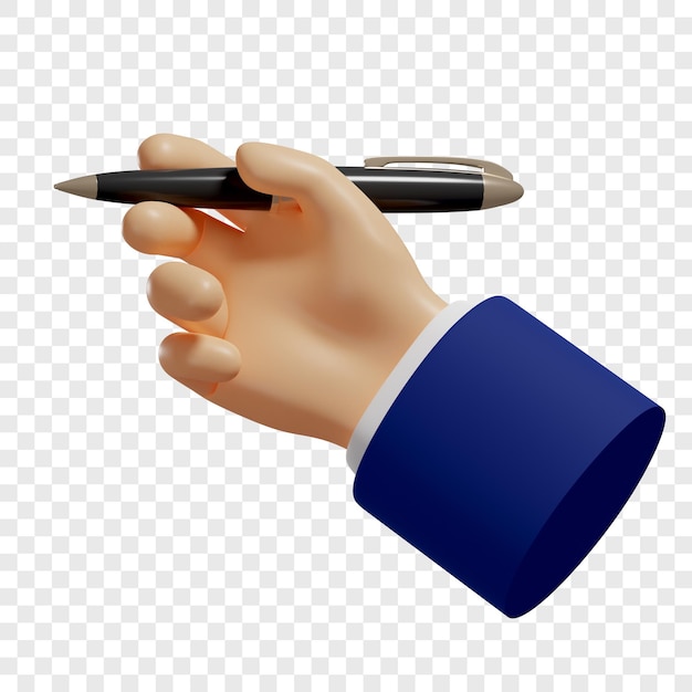 3d hand holds a pen to take notes to write down isolated illustration 3d rendering