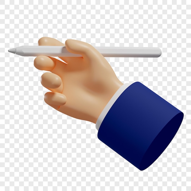 3d hand holds a pencil or digital pen stylus for tablet to make sketches notes isolated