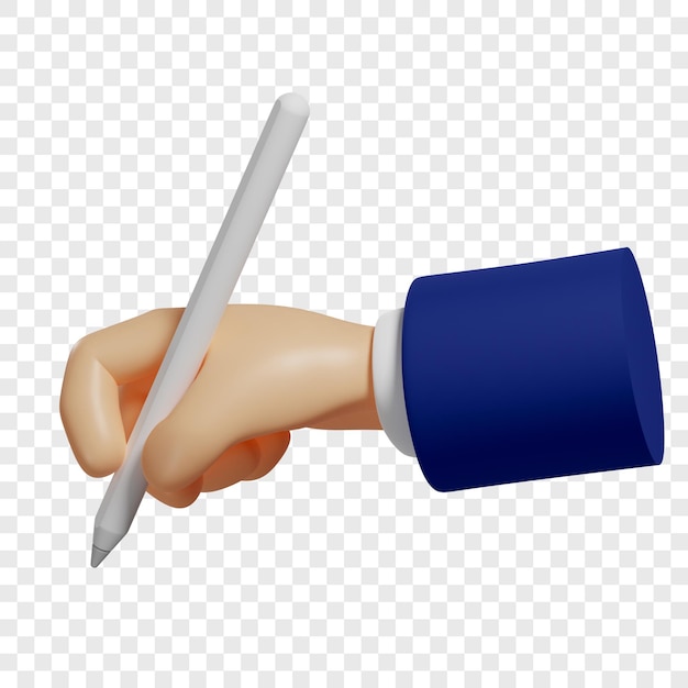 3d hand holds a pencil or digital pen stylus for tablet to make sketches notes isolated