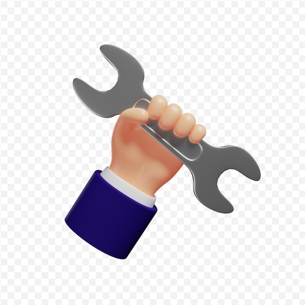 PSD 3d hand holds a wrench isolated 3d rendering