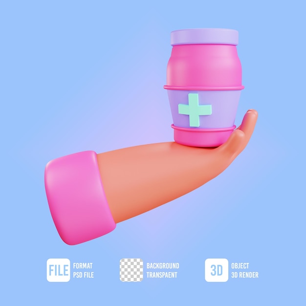 PSD 3d hand illustration with medicine bottle medical icon