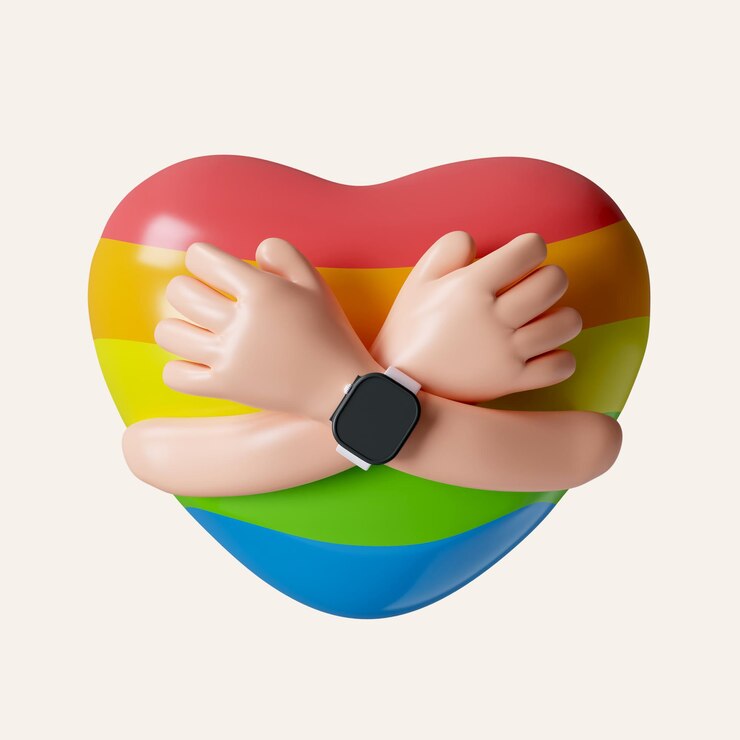 PSD 3d hand knuffel hart lgbt regenboog vlag icoon geïsoleerd op witte achtergrond 3d rendering illustratie
