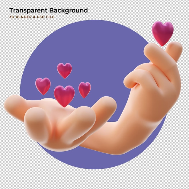 3d 손 위에 하트가 떠 있는 한국 심장 기호를 만듭니다. 3d 렌더링