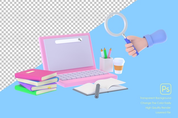 PSD 3d-hand met vergrootglas en bereidheid om laptop te bestuderen voor educatieve informatie