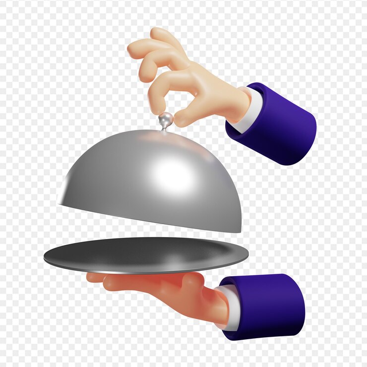 PSD 3d hand opens the lid of the dish serves hot dishes isolated 3d illustration