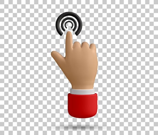 3D hand pointing and touching in red shirt. Cartoon character hand pointing gesture. Touch or click