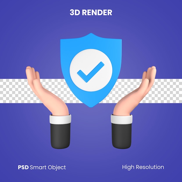 PSD 3d hands giving insurance shield render isolated