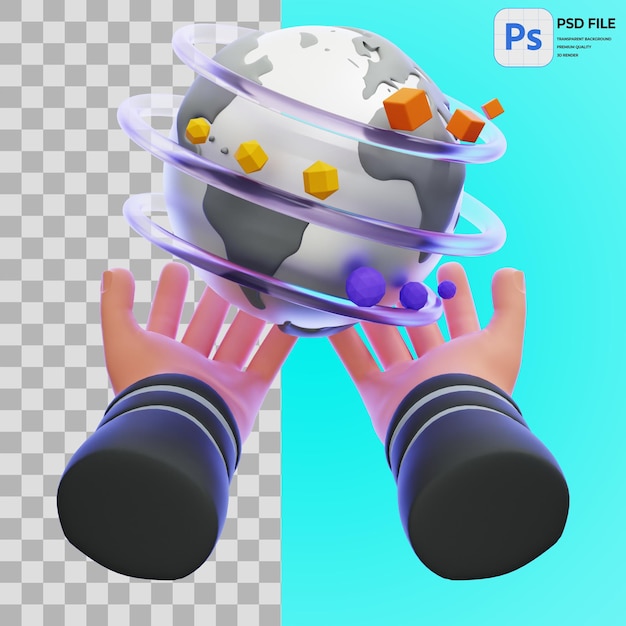 PSD mani 3d che tengono il mondo virtuale render illustrazione icona isolata png